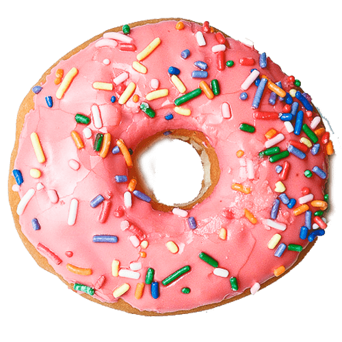A picture of a doughnut with pink icing and sprinkles.