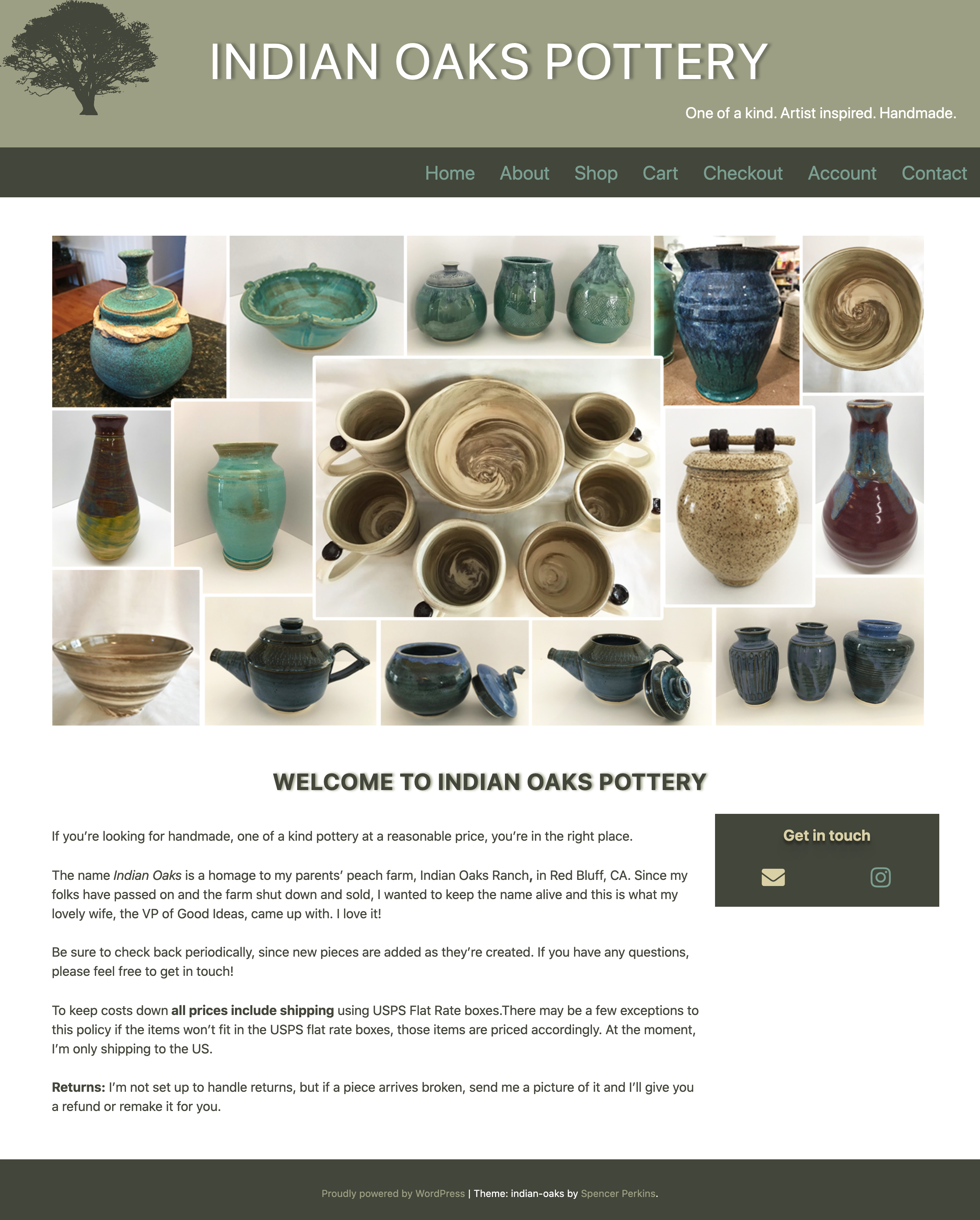 A screencap of a green and white website for Indian Oaks Pottery. Large hero image of various pieces of pottery.