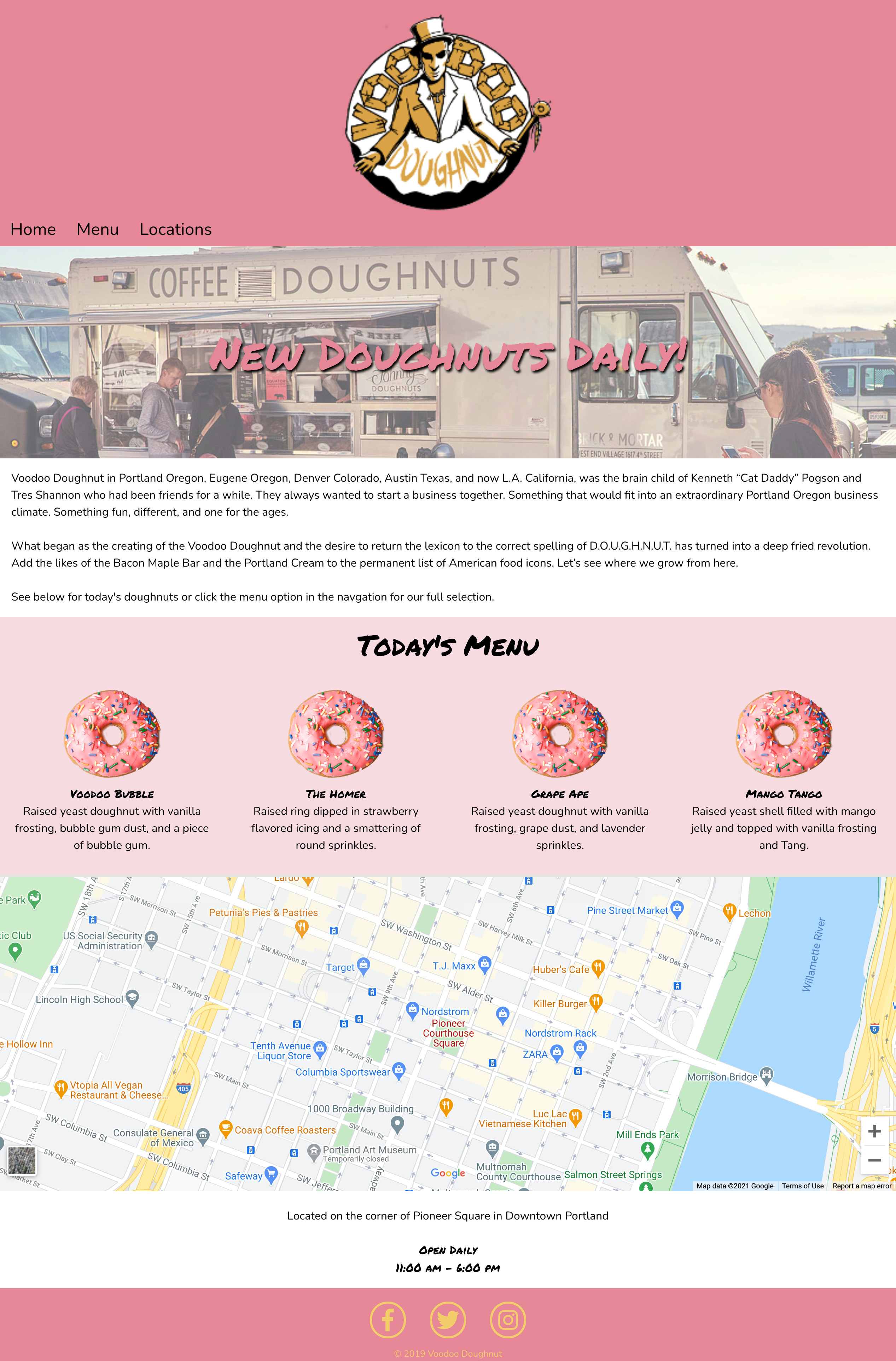 A screencap of a pink website for Voodoo Donuts.